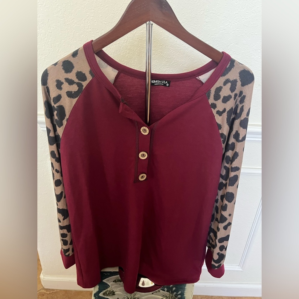 HEIMISH USA Maroon and Gold Raglan Leopard Print Button Down Shirt